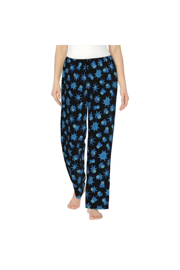 Blue Octopus Print Women Pajama Pants,Comfy Pj Bottom with Pockets & Drawstring,Stretch Casual Sleepwear-Medium