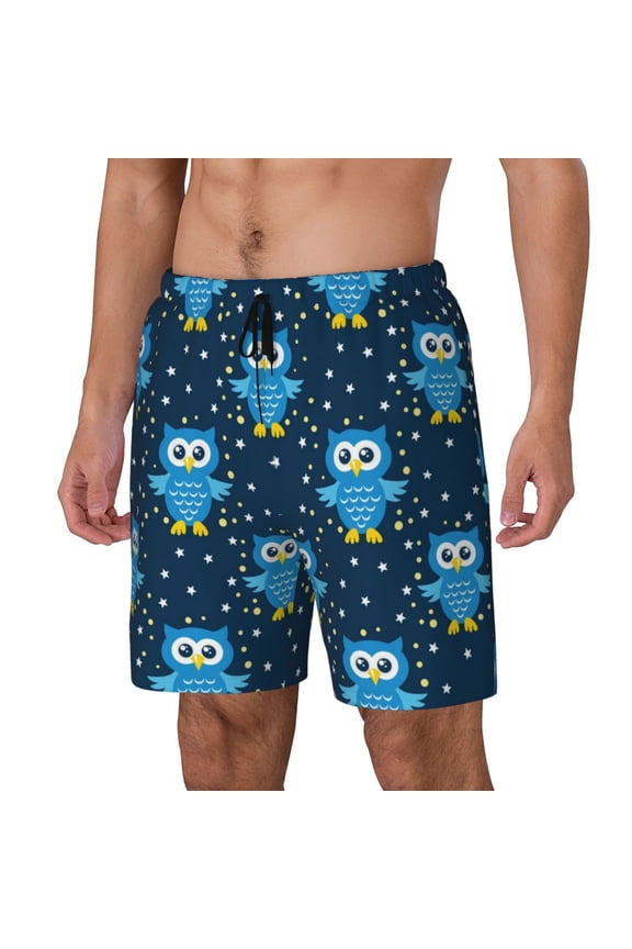 Blue Owl Print Men's Swim Trunk,Quick Dry Board Shorts ,Men's Swim Trunks with Compression Liner, Bathing Suits with Pockets-Medium
