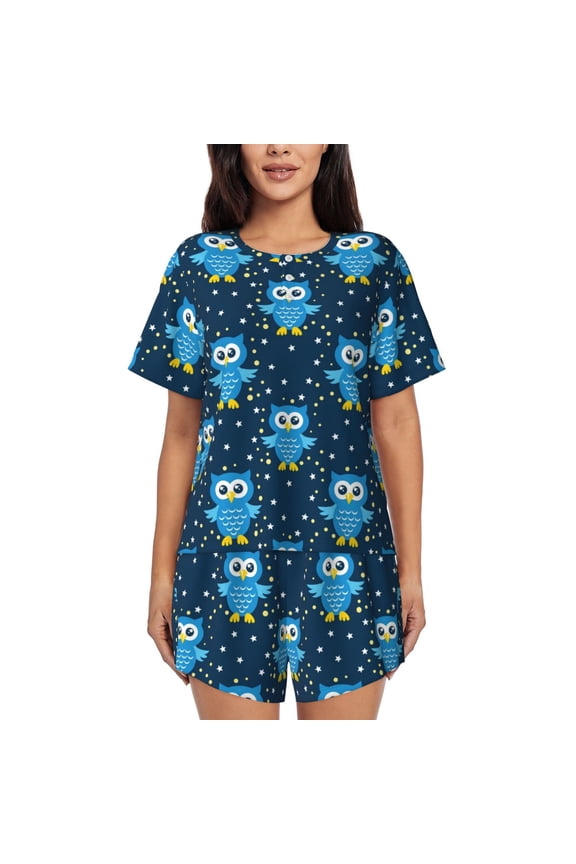 Blue Owl Print Womens Pajamas Set,Short-Sleeve Pajama 2 Piece Sleepwear with Pockets-XX-Large