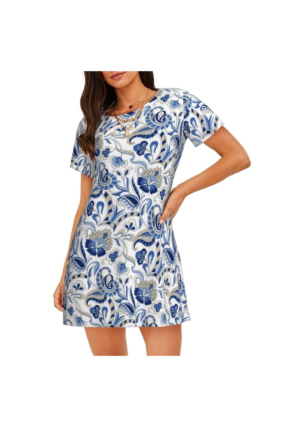 Blue Paisley Print Nightgowns for Women,Soft Short-Sleeved Lightweight Sleepwear, Loose Sleepshirts