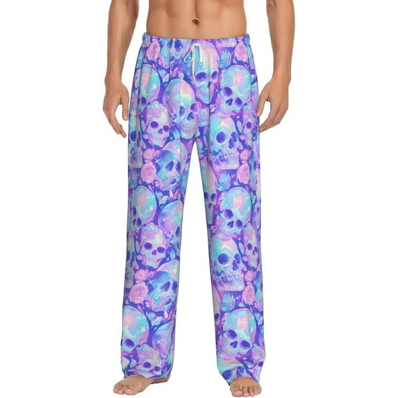 Logiee Blue Skull Daisy Print Pajama Pants for Men,Men’s Pajama Bottoms,Mens PJ Pants with Pockets & Button Fly-Large