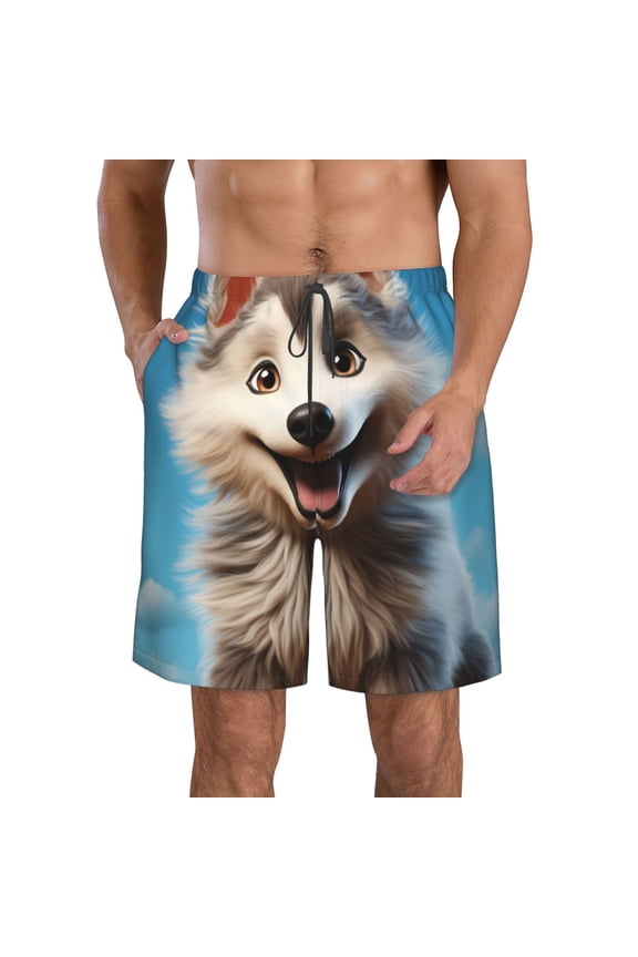 Blue Sky Cute Wolf Print Mens Swim Trunks Quick Dry Board Shorts,Breathable Hawaii Beach Shorts Swimwear Bathing Suits-3X-Large