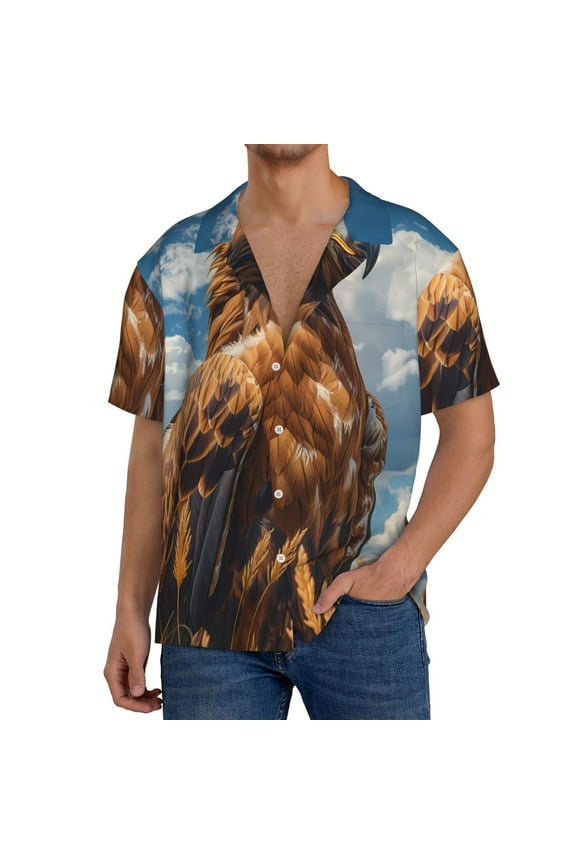 Blue Sky White Cloud Eagle Print Men's Button Down Shirts Short Sleeve, Summer Beach Shirts,Vacation Wedding Shirts,Men's Casual Button-Down Shirts with Pocket-X-Large