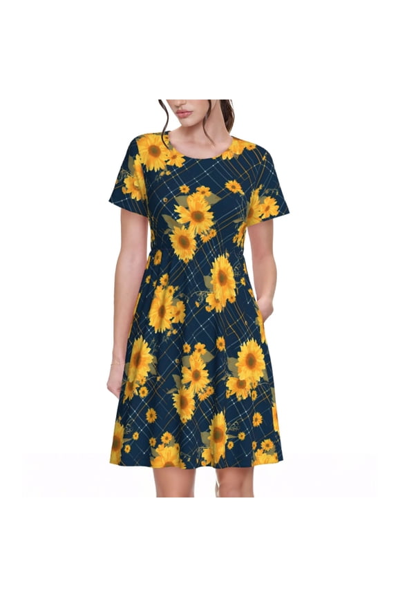 Blue Striped Sunflower A Print Womens Summer Dress,Casual Short Sleeve Sundresses,Beach A-line Shift Dress with Pockets