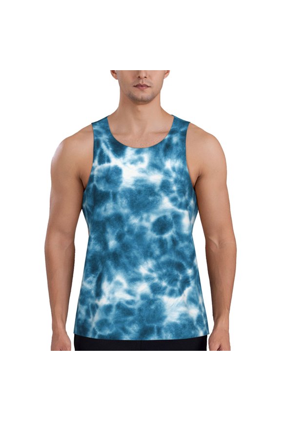 Blue Tie Dye Print Men's Workout Tank Top,Quick Dry Workout Tank Top,Gym Muscle Tee,Fitness Bodybuilding Sleeveless T Shirt-Medium