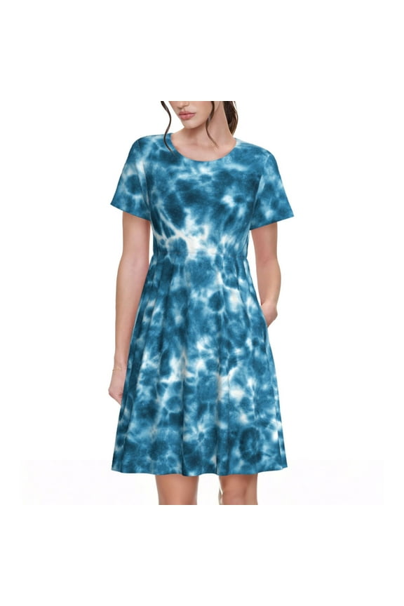 Blue Tie Dye Print Womens Summer Dress,Casual Short Sleeve Sundresses,Beach A-line Shift Dress with Pockets