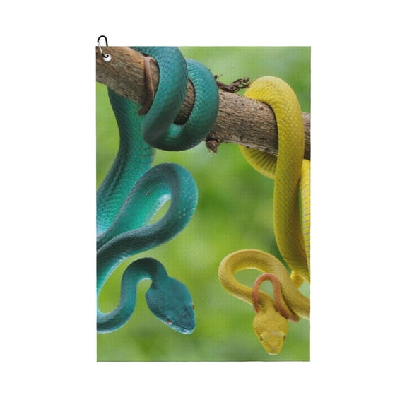 Logiee Blue Viper And Yellow Viper Snake Print Golf Towels,16" x 24" Portable Golf Towel for Golf Bag with Carabiner Clip to Quickly Remove Sand,Mud and Sweat
