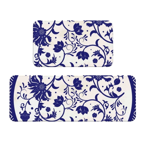 Logiee Blue And White Porcelain Pattern Print Kitchen Mats for Floor Sets of 2,Waterproof Kitchen Rugs,Non Slip Comfort Standing Mat Rug for Home,Runner,Sink,Office,Laundry