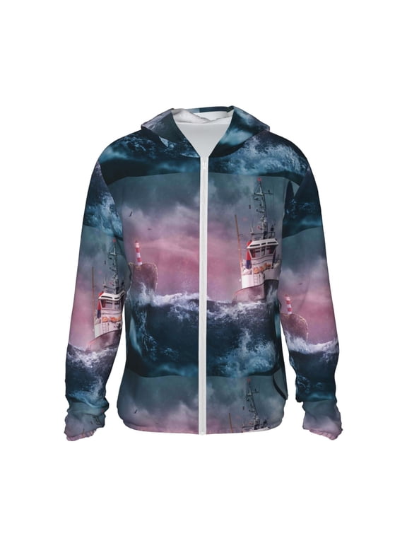 Boat Lighthouse Storm Waves Print Men's Women Light Jacket Full Zip Sun Protection Hoodie Long Sleeve Sun Shirts for Men Hiking Fishing Zip Pockets-X-Large