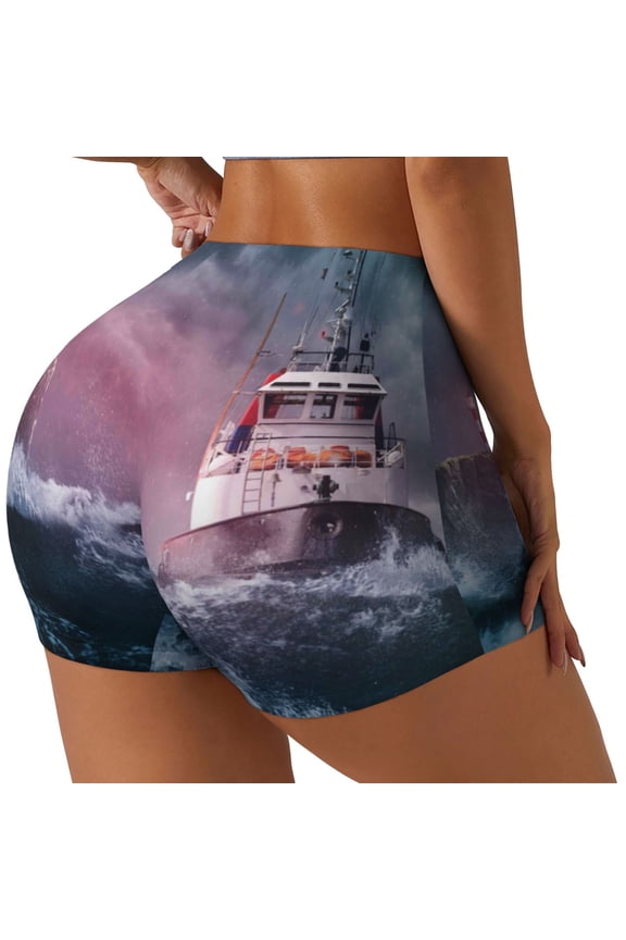 Boat Lighthouse Storm Waves Print Women's Biker Shorts,Workout Gym Shorts,Scrunch Shorts,Tummy Control Hidden Scrunch Running Yoga Shorts-Large