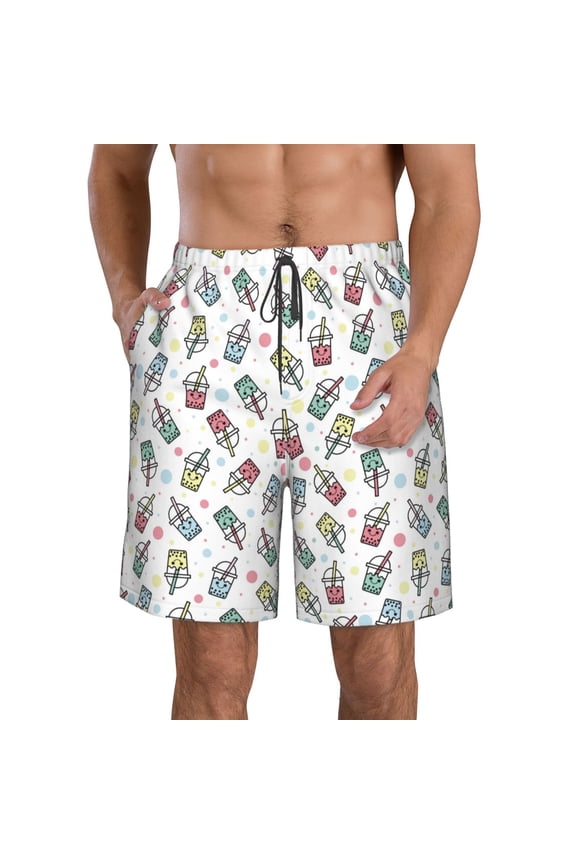 Boba Milk Tea Print Mens Swim Trunks Quick Dry Board Shorts,Breathable Hawaii Beach Shorts Swimwear Bathing Suits-Medium