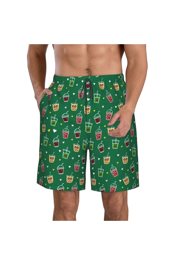 Boba Milk Tea Print Mens Swim Trunks Quick Dry Board Shorts,Breathable Hawaii Beach Shorts Swimwear Bathing Suits-Small