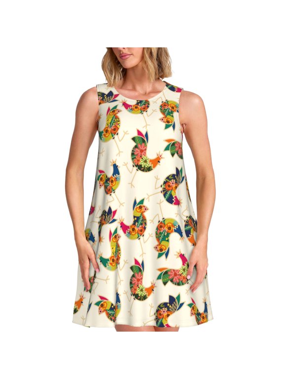 Boho Chicken Print Summer Dresses for Women,Beach Sleeveless Flowy Pocket Tshirt Tank Sundresses,Women's Sleeveless Dress