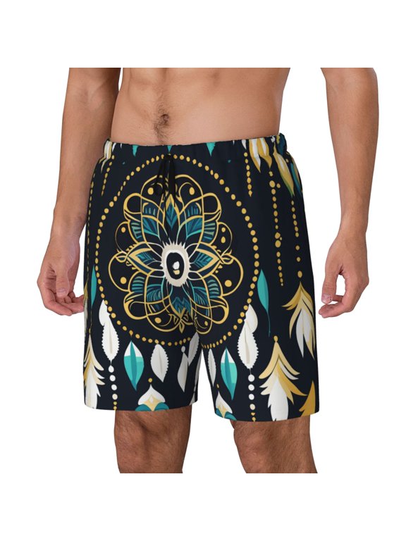 Boho Dreamcatcher Print Men's Swim Trunk,Quick Dry Board Shorts ,Men's Swim Trunks with Compression Liner, Bathing Suits with Pockets-Small