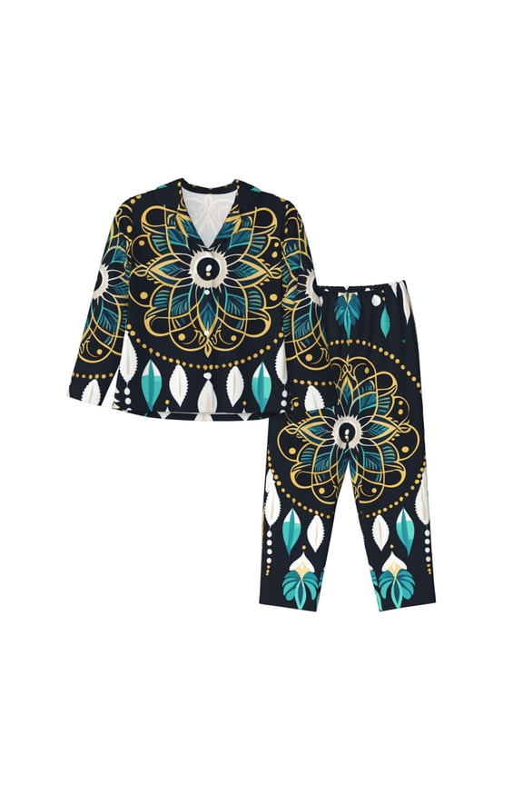 Boho Dreamcatcher Print Womens Pajamas Set,Long Sleeve Sleepwear,Button Down Lounge Set 2 Pieces,Soft Nightwear Pjs Set-Large