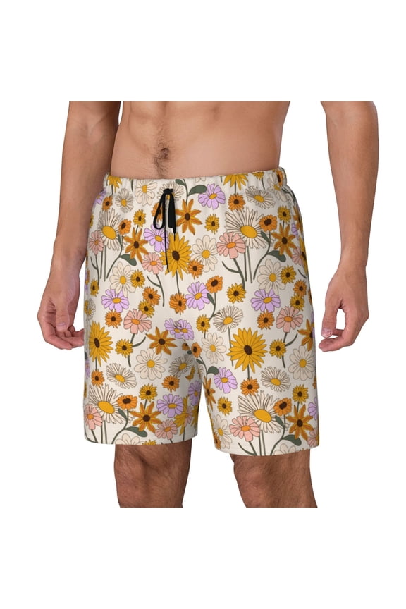 Boho Flowers Print Men's Swim Trunk,Quick Dry Board Shorts ,Men's Swim Trunks with Compression Liner, Bathing Suits with Pockets-X-Large