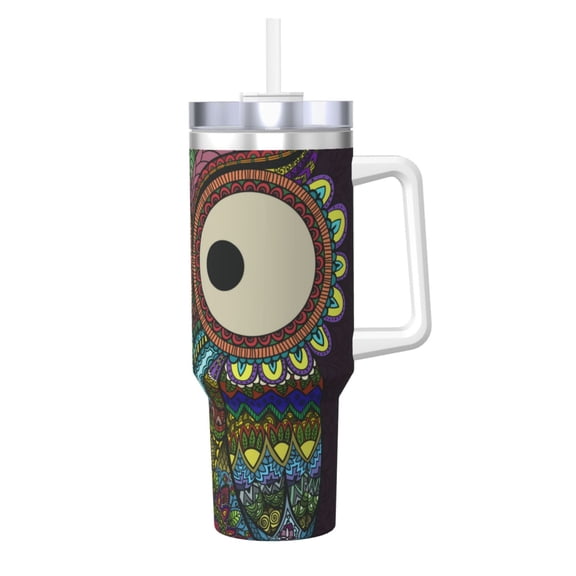 Logiee Boho Owl Print 40OZ Ice Bully Cup with Handle and Straw, Double Wall Stainless Steel Tumbler,Travel Coffee Cup with Lid, Summer Insulation and Cooling Cup
