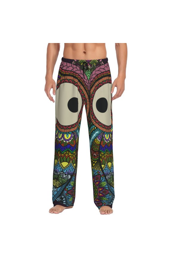 Boho Owl Print Pajama Pants for Men,Men’s Pajama Bottoms,Mens PJ Pants with Pockets & Button Fly-Small