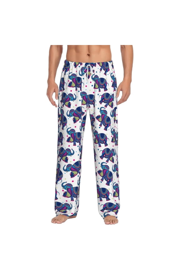 Boho elephant Print Pajama Pants for Men,Men’s Pajama Bottoms,Mens PJ Pants with Pockets & Button Fly-Large