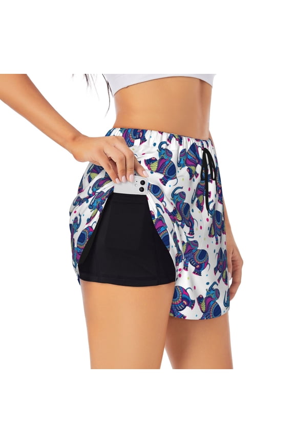 Boho elephant Print Women 2 in 1 Running Shorts,High Waisted Athletic Shorts,Gym Workout Shorts with Liner Pockets-Large