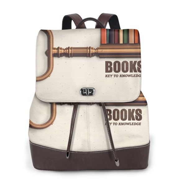 Gaeub Books Key To Knowledge Print Women's Leather Backpack,Travel Laptop Backpack,Fashion Ladies Leather Backpack Bag for Travel,Leather Drawstring Daypack for Me