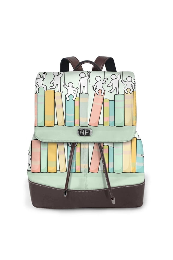 Books Print Women's Leather Backpack,Travel Laptop Backpack,Fashion Ladies Leather Backpack Bag for Travel,Leather Drawstring Daypack for Me
