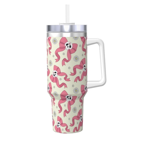 Logiee Bow With Sugar Skull Print 40OZ Ice Bully Cup with Handle and Straw, Double Wall Stainless Steel Tumbler,Travel Coffee Cup with Lid, Summer Insulation and Cooling Cup