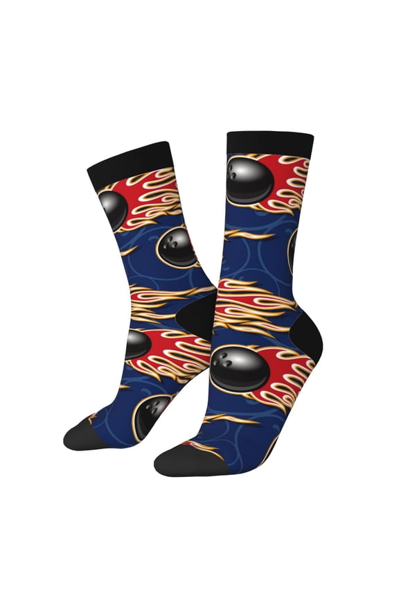 Bowling Ball And Flame Print Adult Socks for Men & Women,Calf Socks, Ankle Socks,Boots Socks,Breathable Casual Sock,Unisex Crew Socks