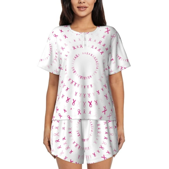 Logiee Breast Cancer Awareness (4) Print Womens Pajamas Set,Short-Sleeve Pajama 2 Piece Sleepwear with Pockets-X-Large