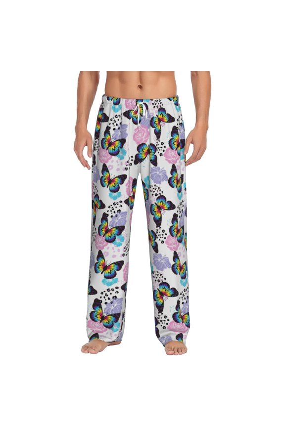Bright Butterflies1 Print Pajama Pants for Men,Men’s Pajama Bottoms,Mens PJ Pants with Pockets & Button Fly-Large