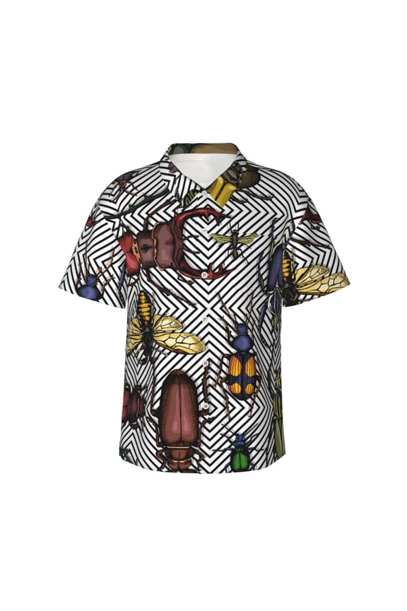 Bright Insects Print Mens Hawaiian Shirts,Loose-Fit Short Sleeve Button Down Tropical Aloha Beach Shirt,Summer Vacation Wedding Tops,Small