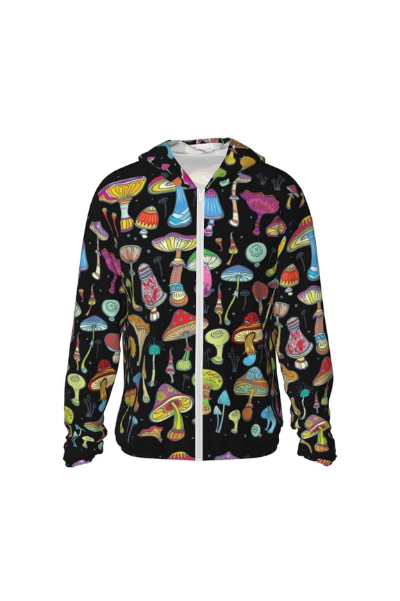 Bright Mushrooms Print Men's Women Light Jacket Full Zip Sun Protection Hoodie Long Sleeve Sun Shirts for Men Hiking Fishing Zip Pockets-Large