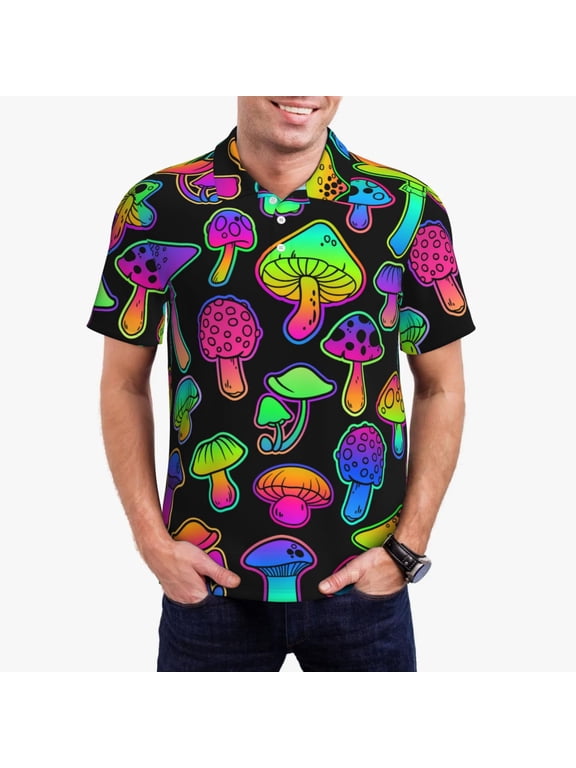 Bright Mushrooms Print Mens Polo Shirts,Mens Golf Polo Shirts,Short Sleeve Casual Polo Shirts for Men,Summer Fashion Beach Shirts-4X-Large