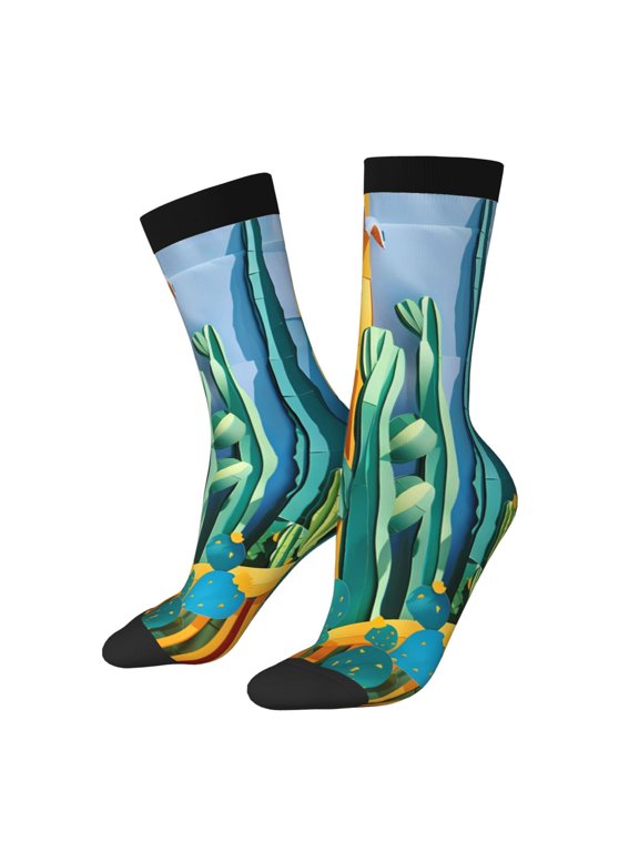 Bright Paper Cactus Scene Print Adult Socks for Men & Women,Calf Socks, Ankle Socks,Boots Socks,Breathable Casual Sock,Unisex Crew Socks