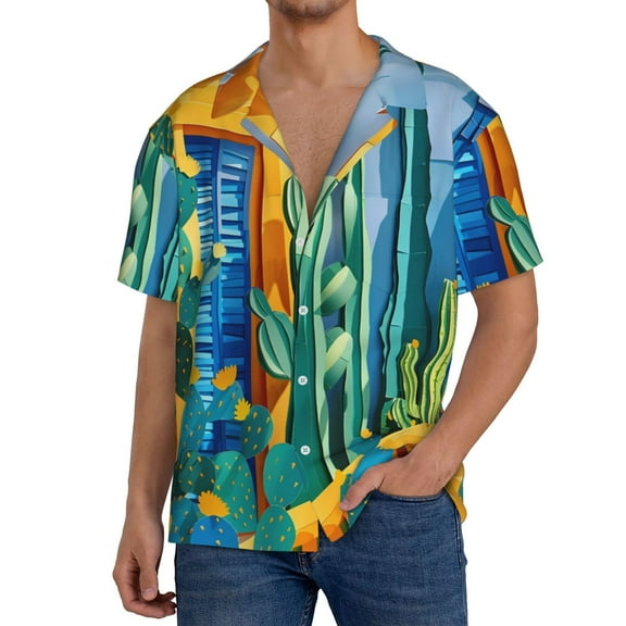 Logiee Bright Paper Cactus Scene Print Men's Button Down Shirts Short Sleeve, Summer Beach Shirts,Vacation Wedding Shirts,Men's Casual Button-Down Shirts with Pocket-Large
