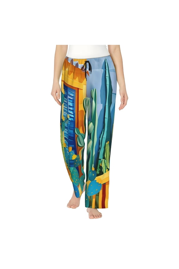 Bright Paper Cactus Scene Print Women Pajama Pants,Comfy Pj Bottom with Pockets & Drawstring,Stretch Casual Sleepwear-Small