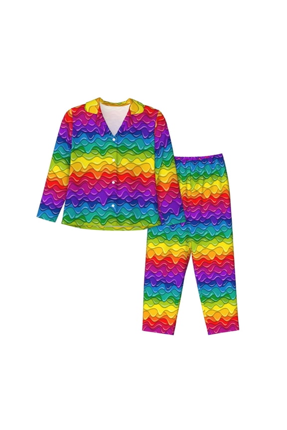 Bright Rainbow Print Womens Pajamas Set,Long Sleeve Sleepwear,Button Down Lounge Set 2 Pieces,Soft Nightwear Pjs Set-Large
