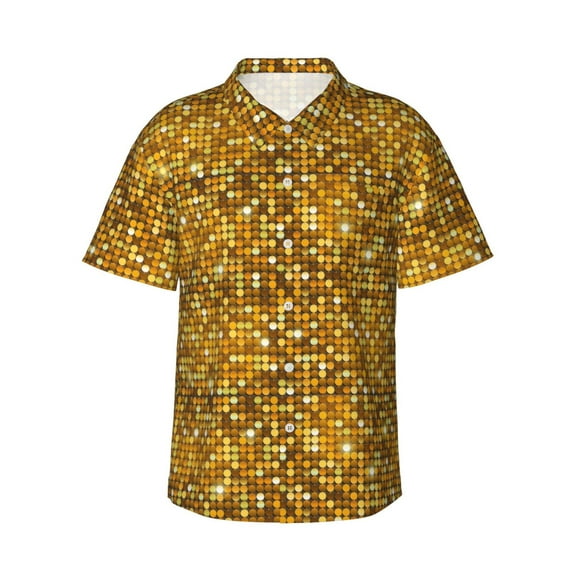 Logiee Bright Shiny Golden Print Mens Hawaiian Shirts,Loose-Fit Short Sleeve Button Down Tropical Aloha Beach Shirt,Summer Vacation Wedding Tops,3X-Large