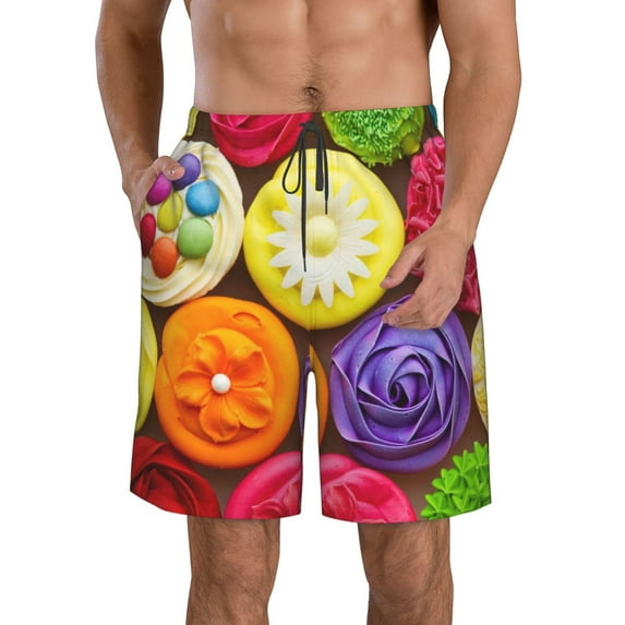 Logiee Brightly Colored Cupcakes Print Mens Swim Trunks Quick Dry Board Shorts,Breathable Hawaii Beach Shorts Swimwear Bathing Suits-X-Large