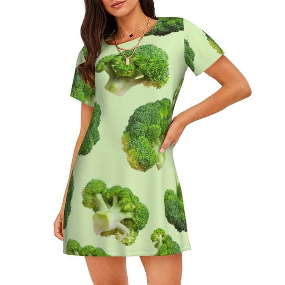 Logiee Broccoli 3 Print Nightgowns for Women,Soft Short-Sleeved Lightweight Sleepwear, Loose Sleepshirts