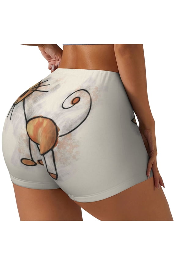 Brown Cat Cartoon Print Women's Biker Shorts,Workout Gym Shorts,Scrunch Shorts,Tummy Control Hidden Scrunch Running Yoga Shorts-Large