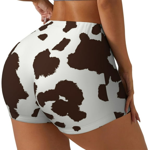 Logiee Brown Cow Print Women's Biker Shorts,Workout Gym Shorts,Scrunch Shorts,Tummy Control Hidden Scrunch Running Yoga Shorts-