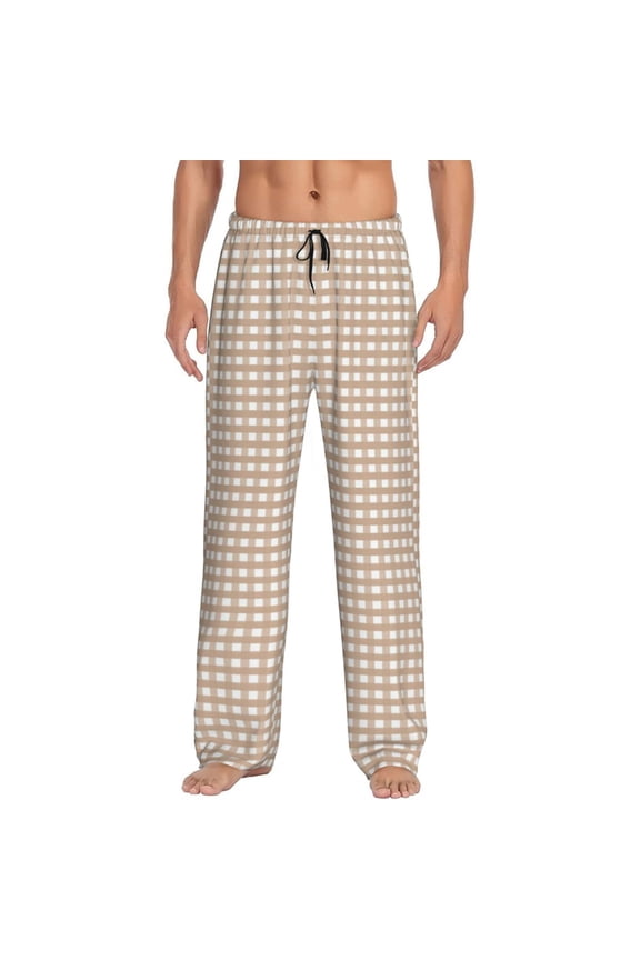 Brown Gingham Print Pajama Pants for Men,Men’s Pajama Bottoms,Mens PJ Pants with Pockets & Button Fly-Medium
