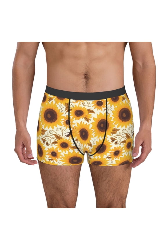 Brown Leaf Pattern Sunflower Print Mens Boxer Briefs,Boxer Briefs for Men,Breathable Stretch Underwear,Boys Boxer Briefs-XX-Large