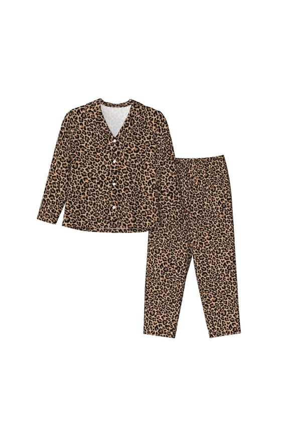 Brown Leopard Print Womens Pajamas Set,Long Sleeve Sleepwear,Button Down Lounge Set 2 Pieces,Soft Nightwear Pjs Set-Large