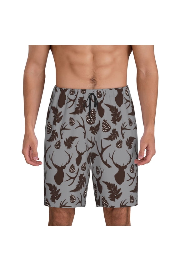 Brown Moose with Pinecones Print Men's Pajama Shorts with Drawstring & Pockets,Sleep Shorts for Men,Sleepwear Bottoms,Elastic Waistband Loungewear-Medium