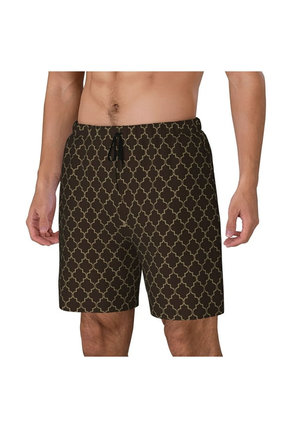 Brown Moroccan Trellis Print Men's Swim Trunk,Quick Dry Board Shorts ,Men's Swim Trunks with Compression Liner, Bathing Suits with Pockets-Small