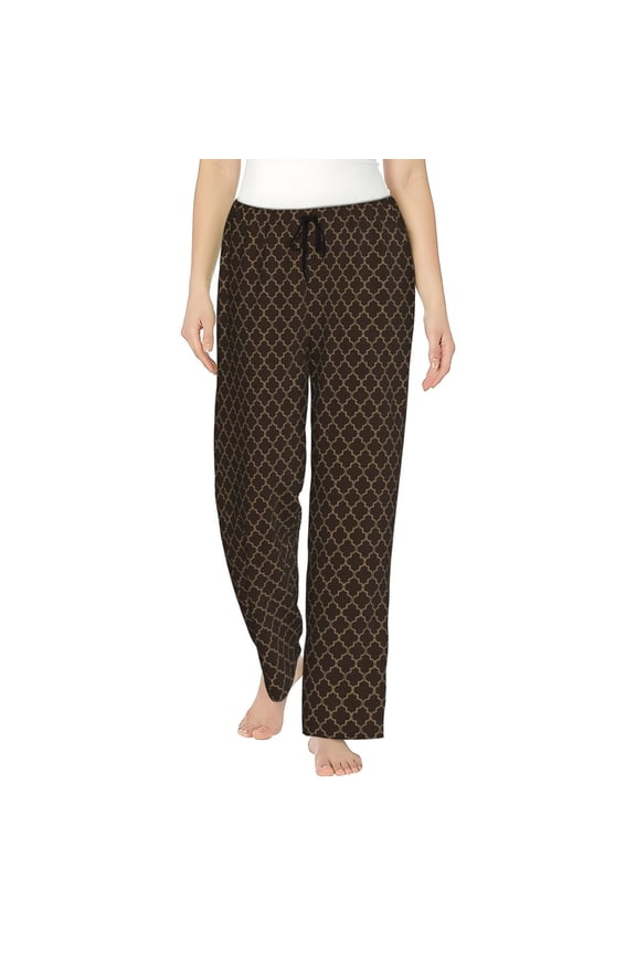 Brown Moroccan Trellis Print Women Pajama Pants,Comfy Pj Bottom with Pockets & Drawstring,Stretch Casual Sleepwear-Medium