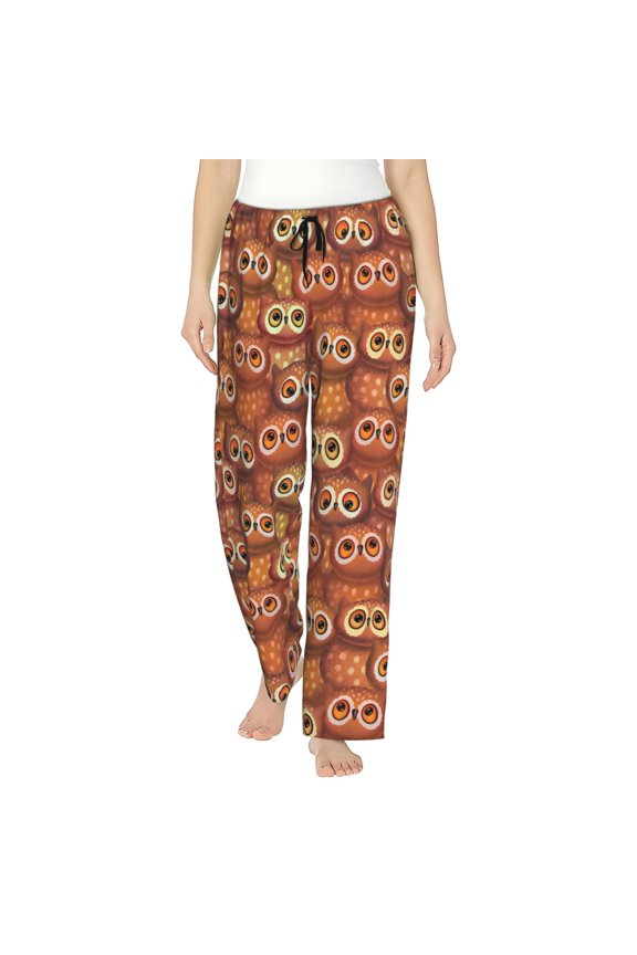 Brown Owl Print Women Pajama Pants,Comfy Pj Bottom with Pockets & Drawstring,Stretch Casual Sleepwear-Large