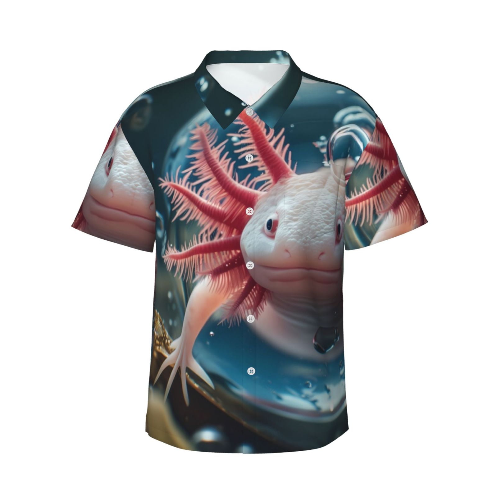 Logiee Bubbles Axolotl Fantasy Print Mens Hawaiian Shirts,Loose-Fit Short Sleeve Button Down Tropical Aloha Beach Shirt,Summer Vacation Wedding Tops,XX-Large